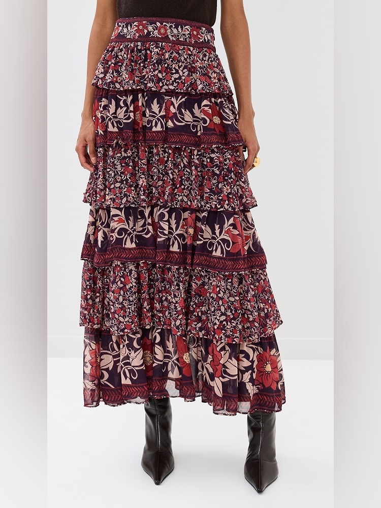 Farm Rio Chelsea Gardens Tiered Floral Maxi Skirt In Burgundy L Nwt